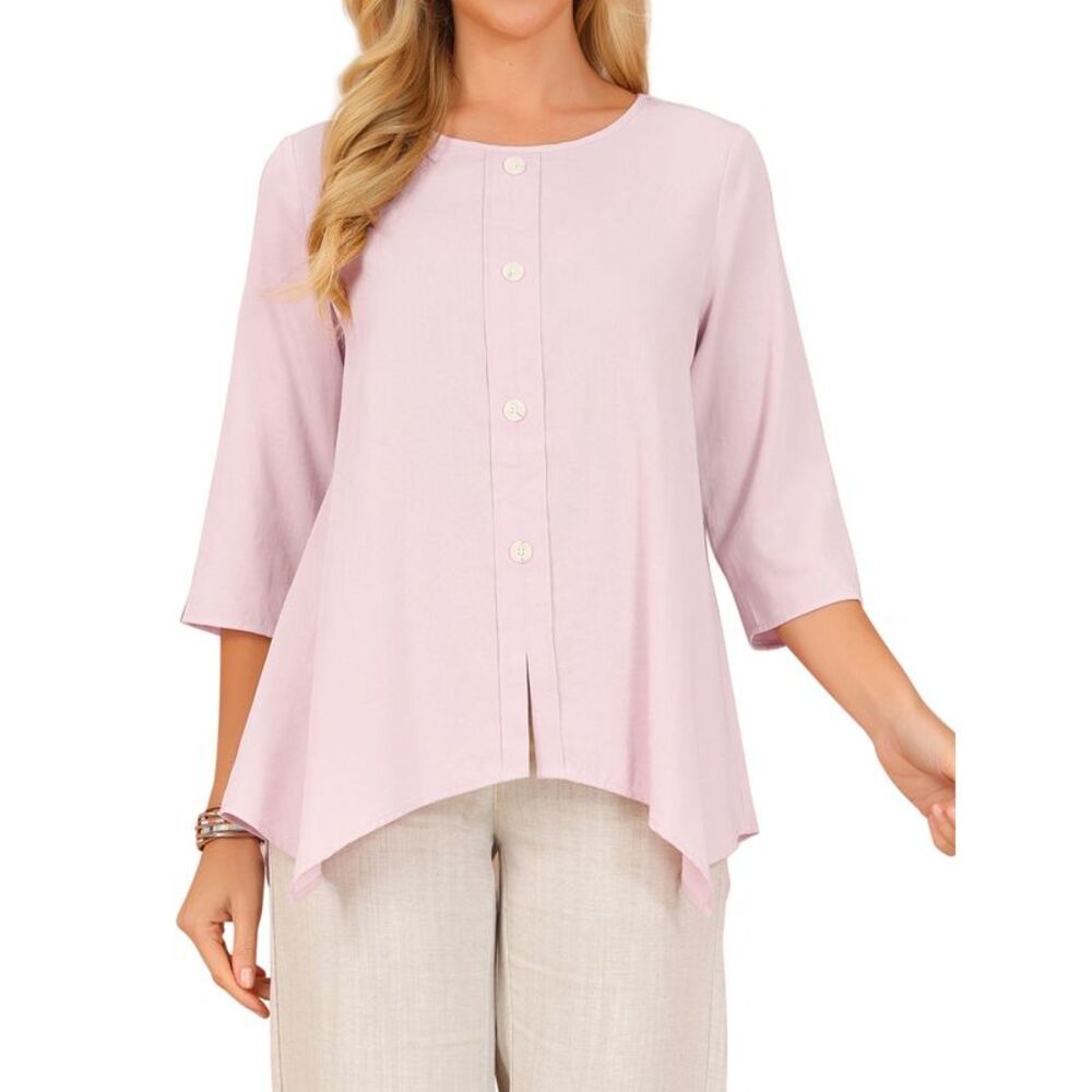 Women Casual Cotton Spring 3/4 Sleeve Crewneck Blouse Pink